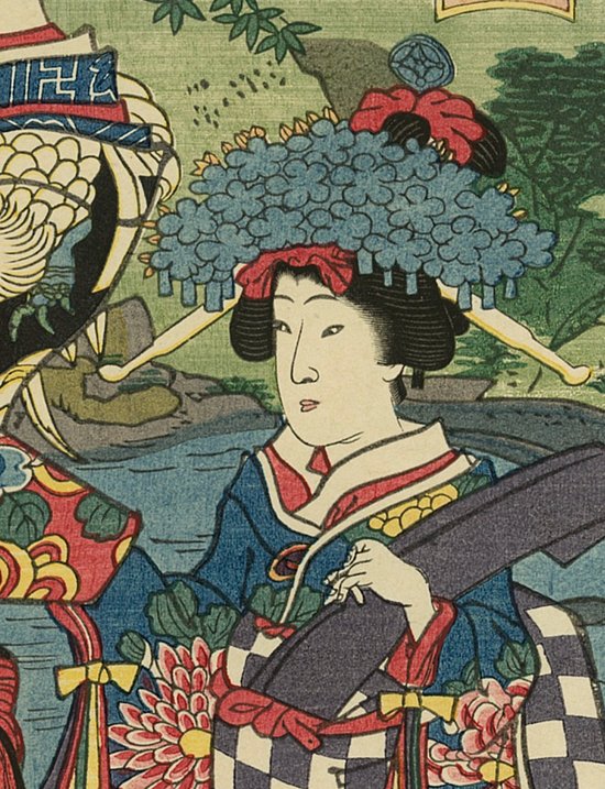 Toyohara KUNICHIKA, stampa giapponese, ukiyo-e, gallo Geisha e fiori