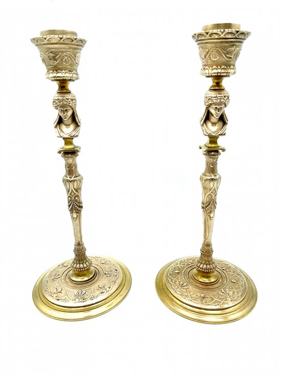 Pair of Barbédienne foundry candlesticks in bronze