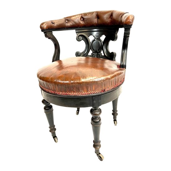 Fauteuil de bureau en cuir pivotant et sur roulettes Napoléon 3