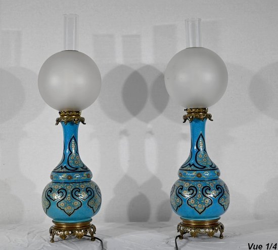 Coppia di lampade in porcellana e bronzo, Napoleone III - metà del XIX secolo
