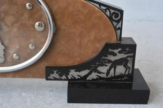 1930's Art Deco Mantel Clock In Onyx And Sanded Marble