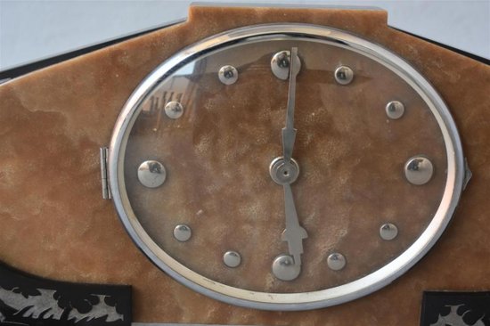 1930's Art Deco Mantel Clock In Onyx And Sanded Marble