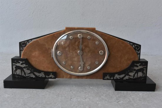 1930's Art Deco Mantel Clock In Onyx And Sanded Marble