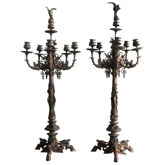 Pair Of Large Bronze Candlesticks By Jules Moigniez Nineteenth