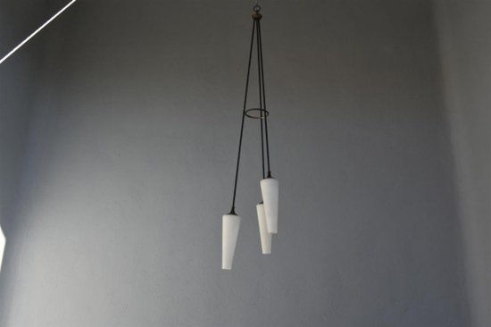 1950 Italian Metal Chandelier In Opaline Tulips 175cm