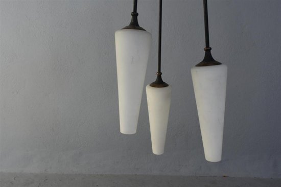 1950 Italian Metal Chandelier In Opaline Tulips 175cm