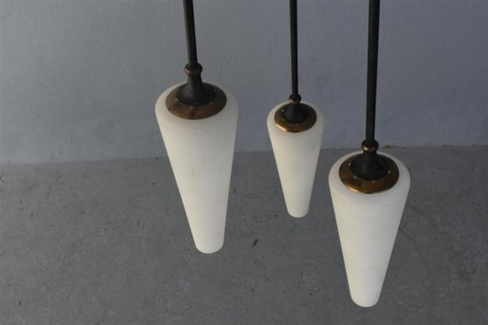 1950 Italian Metal Chandelier In Opaline Tulips 175cm