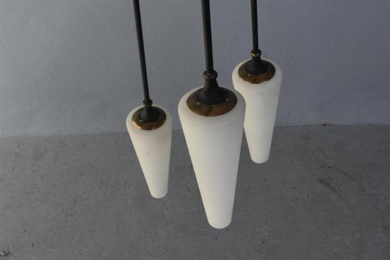 1950 Italian Metal Chandelier In Opaline Tulips 175cm