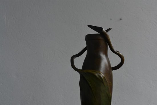 Pair of 1900 green patinated Art Nouveau vases signed Anton Nelson