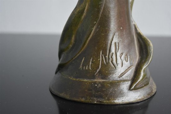 Pair of 1900 green patinated Art Nouveau vases signed Anton Nelson