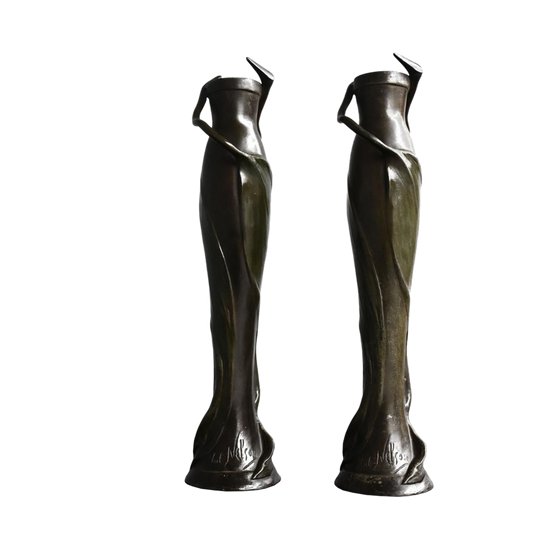 Pair of 1900 green patinated Art Nouveau vases signed Anton Nelson