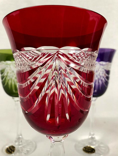 Set of five colored cut crystal stemware