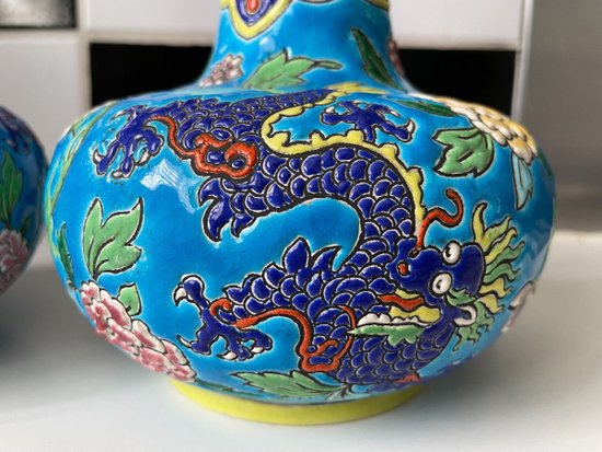 Emaux De Gien - Beautiful Pair Of Dragon Decor Vases Japonisant