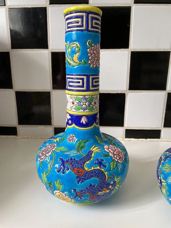 Emaux De Gien - Beautiful Pair Of Dragon Decor Vases Japonisant