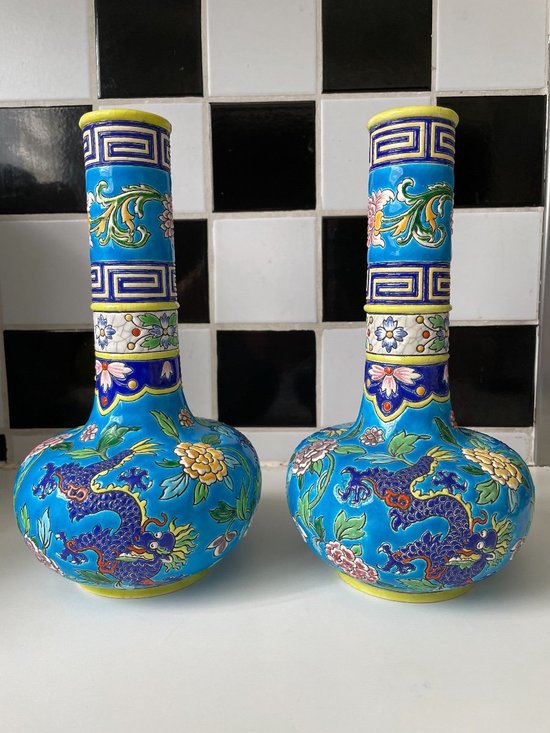 Emaux De Gien - Beautiful Pair Of Dragon Decor Vases Japonisant