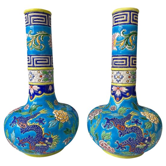 Emaux De Gien - Belle Paire De Vases Decor Dragon Chinoisant Japonisant