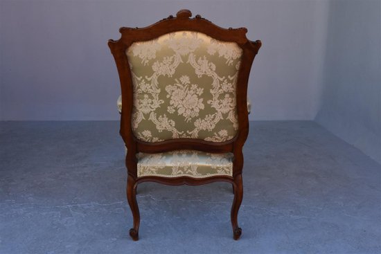 Pair Of Louis XV Style Armchair In Walnut Covered With Silk