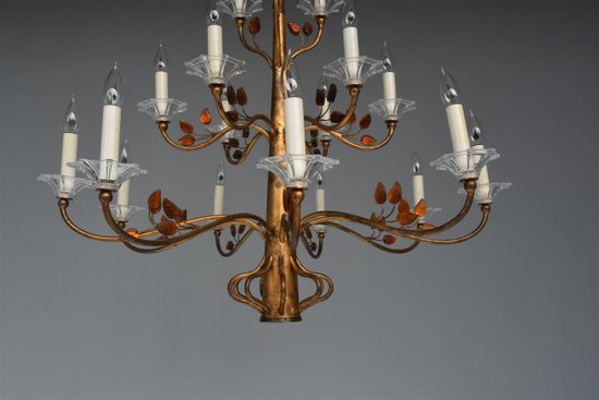 Large Chandelier 16 Lights 1940 Style Golden Metal And Glass Paste