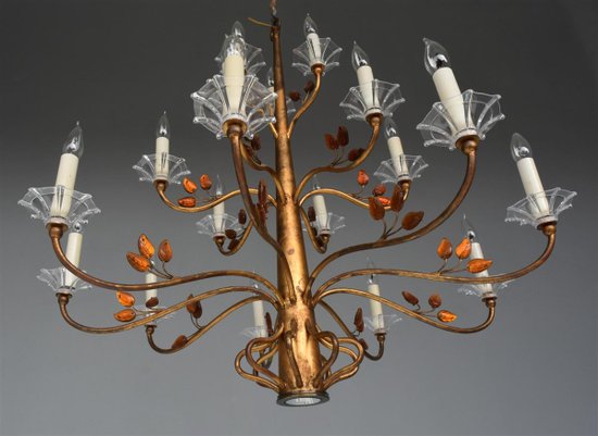 Large Chandelier 16 Lights 1940 Style Golden Metal And Glass Paste