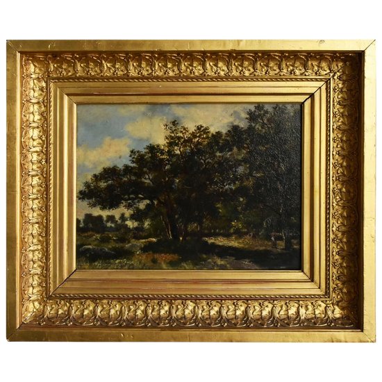 Olio su tavola Foresta di Fontainbleau Ernest Guillemer