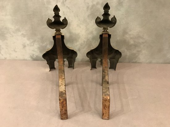 Paire de chenets anciens en bronze d'époque 19 ème de style Louis XVI 