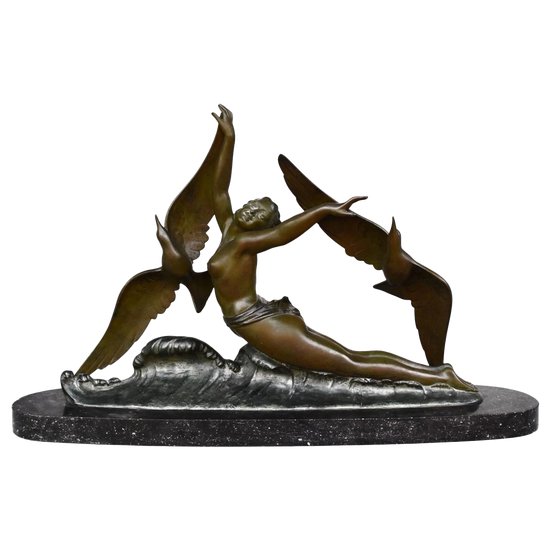 Jeune Fille Aux Oiseaux Bronze 1930 Art Déco Patine Verte De Melani