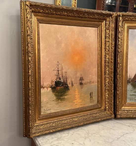 Dancourt, Paire D'Huiles Sur Toile Marine Scene De Port Signées Epoque Fin XIXème