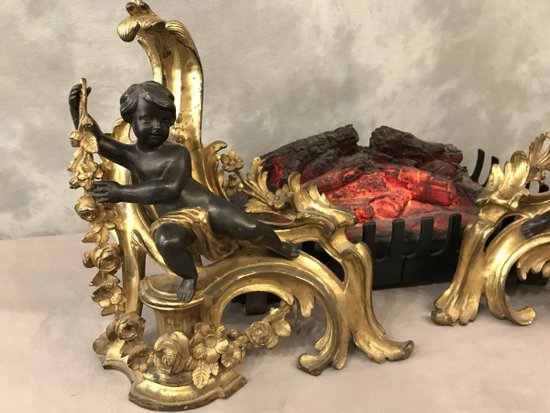 Paire De Chenets En Bronze Doré Et Bronze Patiné D’époque 19ème