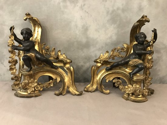 Paire De Chenets En Bronze Doré Et Bronze Patiné D’époque 19ème