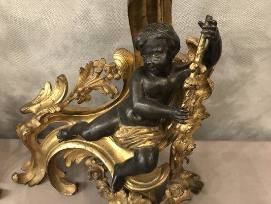 Paire De Chenets En Bronze Doré Et Bronze Patiné D’époque 19ème