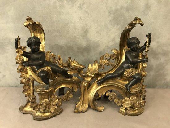 Paire De Chenets En Bronze Doré Et Bronze Patiné D’époque 19ème