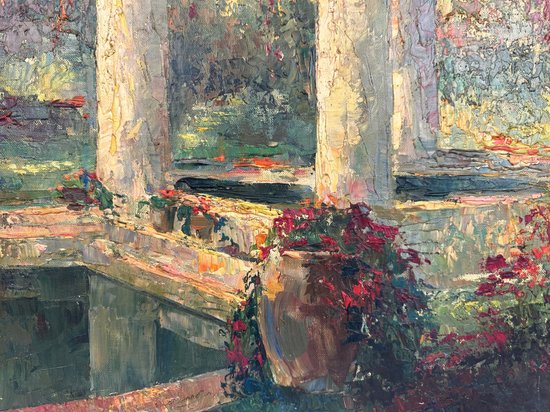 Oil on canvas, "The gardens of the abbey of St André", signed, early XXth century