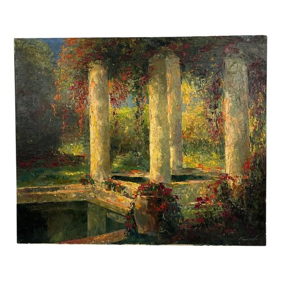 Olio su tela, "I giardini dell'Abbazia di Sant'André", firmato, inizio XX secolo