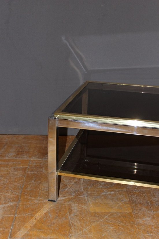 Table d'appoint carréen chrome et laiton  par Willy Rizzo vers 1970