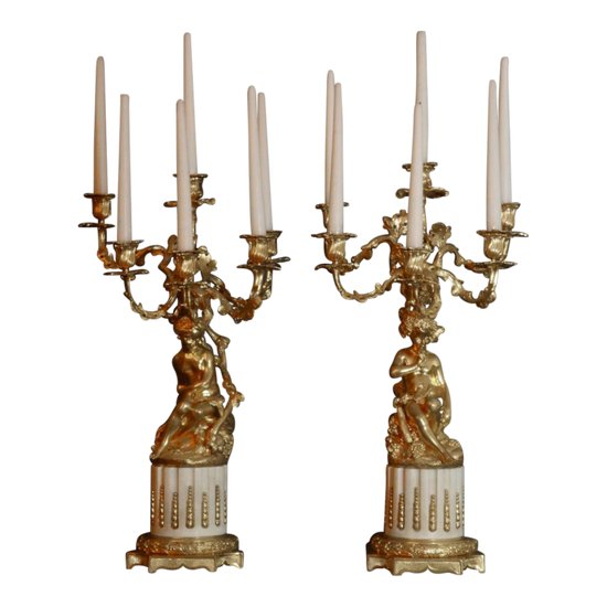 Coppia Di Grandi Candelabri Raffiguranti Dafni E Cloe Diciannovesimo