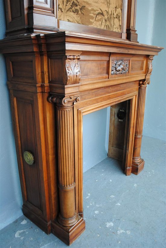 Spectacular Renaissance Style Walnut Fireplace, Late 19th Century