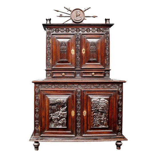 Credenza Due Corpo Stretto In Noce Diciottesima Volta