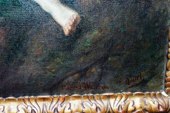 Huile sur toile d'aprés WATTEAU, "Nymphe et satyre" dit "Jupiter et Antiope" 
