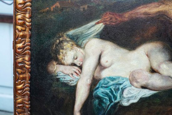 Huile sur toile d'aprés WATTEAU, "Nymphe et satyre" dit "Jupiter et Antiope" 