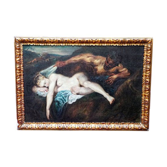 Huile sur toile d'aprés WATTEAU, "Nymphe et satyre" dit "Jupiter et Antiope" 