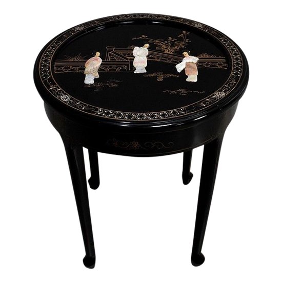 Small Round Asian Table in Black Lacquered Wood - XXth