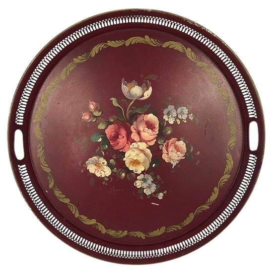 Large circular tray in painted sheet metal decorated with flowers signed, Napoleon III