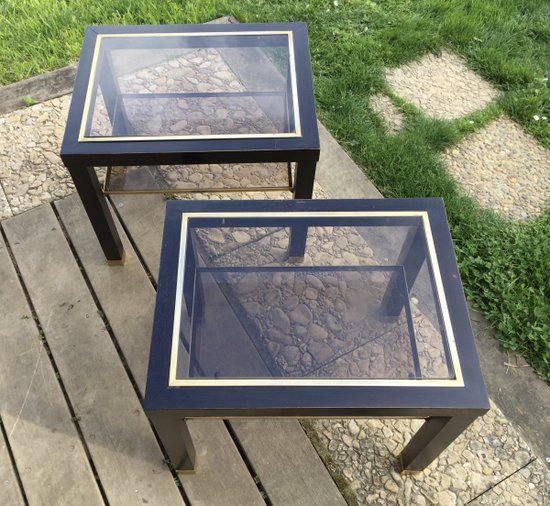 Paire de bouts de canapé bois noirci et laiton circa 70