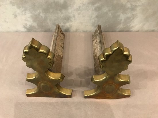 Pair Of Antique Brass And Cast Iron Andirons Early 20th Century
