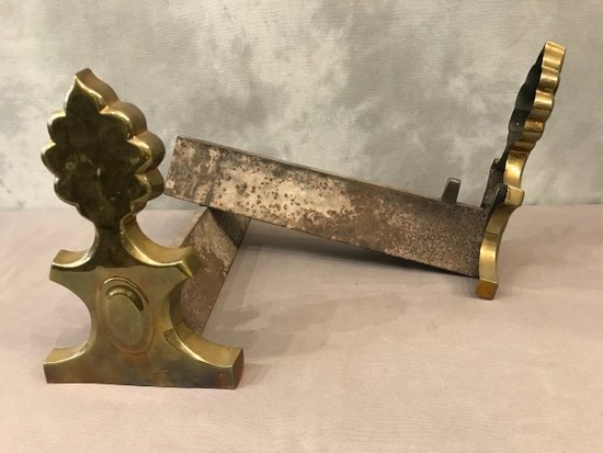 Pair Of Antique Brass And Cast Iron Andirons Early 20th Century