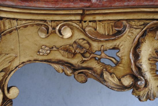 Console  Louis XV En  Bois Doré Dessus Marbre
