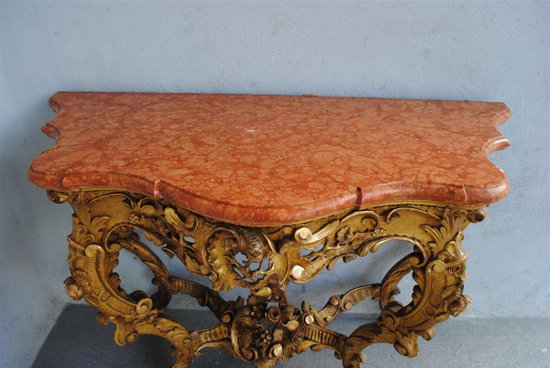 Console  Louis XV En  Bois Doré Dessus Marbre