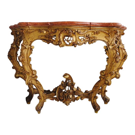 Console  Louis XV En  Bois Doré Dessus Marbre