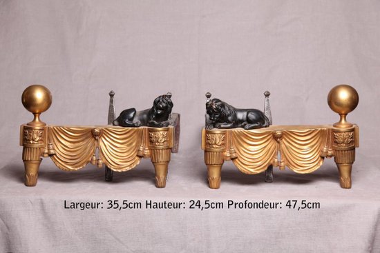 Pair Of Old Andirons In Golden Bonze With Lions 19th