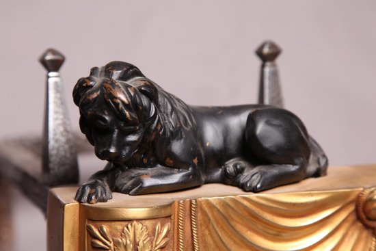 Pair Of Old Andirons In Golden Bonze With Lions 19th